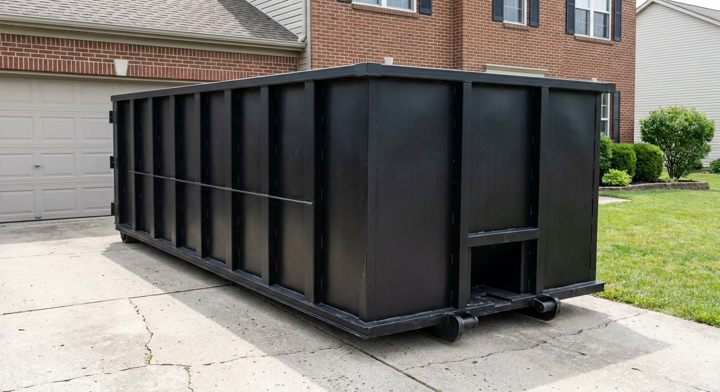Matte-black 20-yard roll-off container on a League City residential concrete driveway with reinforced ribbed steel sidewalls and a hinged rear walk-in door, clean bright daylight.