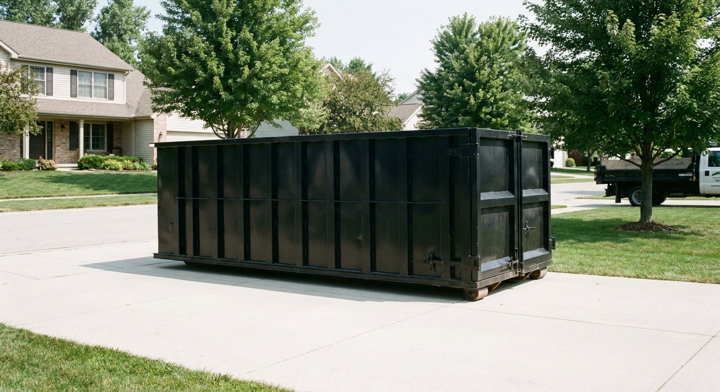 Matte-black 20-yard roll-off dumpster sitting level on a clean League City residential concrete driveway under bright daylight, demonstrating clean placement directly on the concrete.