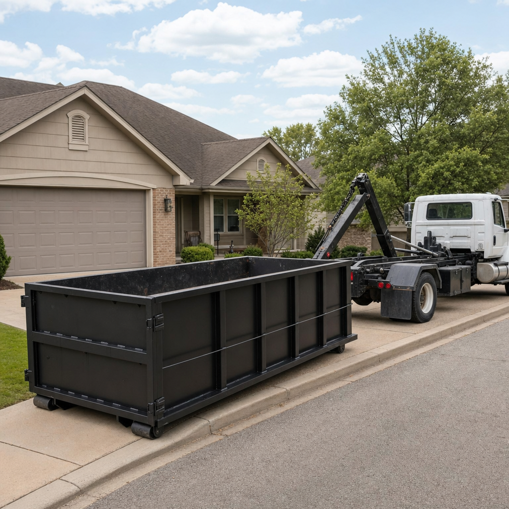 Wide documentary shot of a matte-black roll-off dumpster on a League City residential driveway in the foreground and a contractor jobsite container in the soft-focus background, bright daylight, calm and orderly composition.