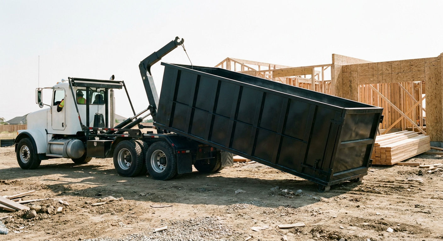 Matte-black roll-off dumpster being delivered onto a clean residential concrete driveway in League City by an unmarked white hooklift hauler truck, bright morning daylight, documentary 35mm perspective.
